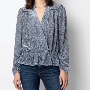 Zadig & Voltaire Tori Velours Blue Paisley Silk Blend Long Sleeve Blouse Large